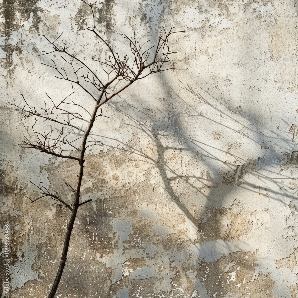 Poster a bare tree branch casts a shadow on a textured, weathered wall with peeling paint, creating an arti