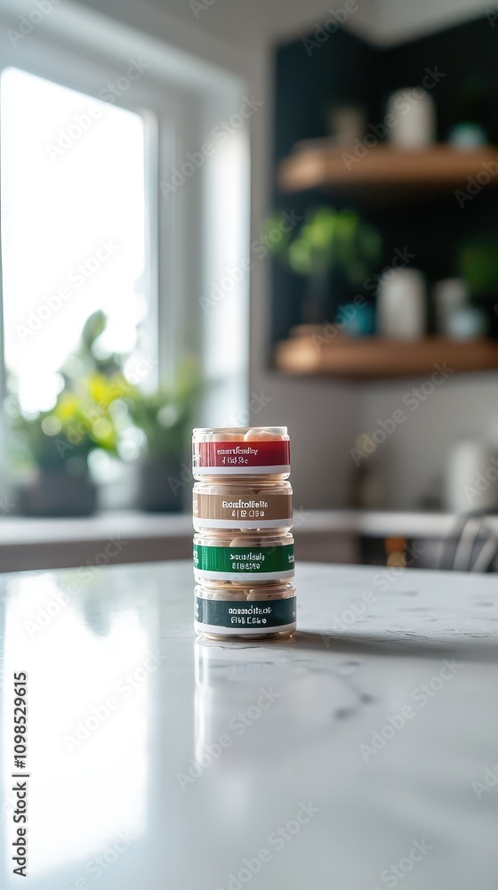 Aufkleber a stack of colorful pill bottles with labels facing forward on a table in a bright, contemporary set