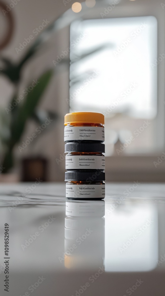 Aufkleber stack of three pill bottles with labels facing forward on a countertop with natural light in the bac