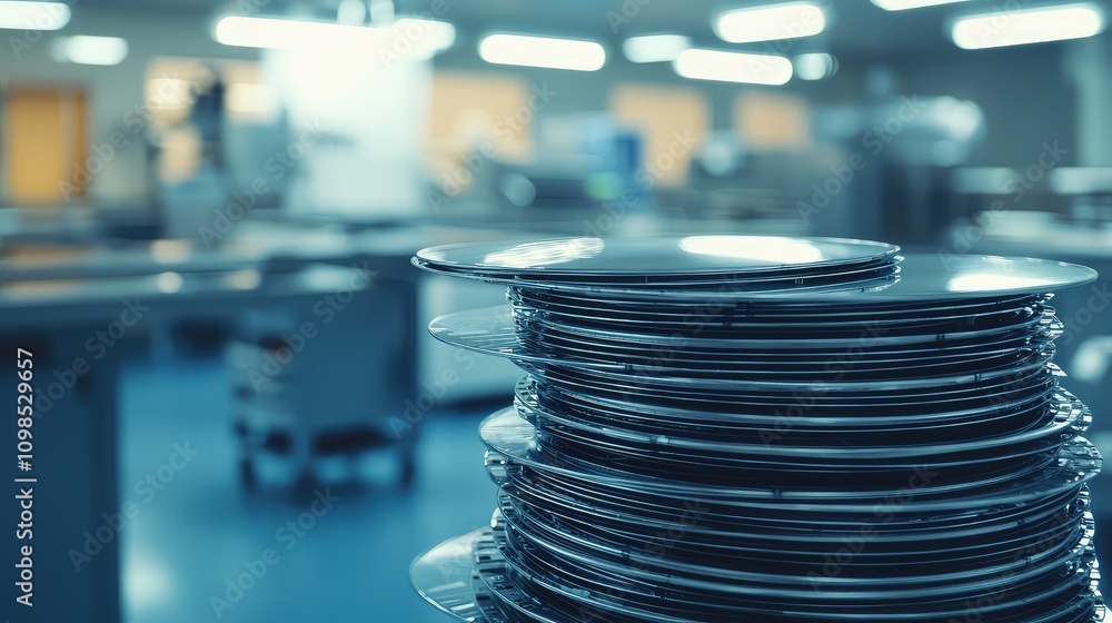 Poster stack of silicon wafers inside a cleanroom environment for microchip manufacturing and production pr