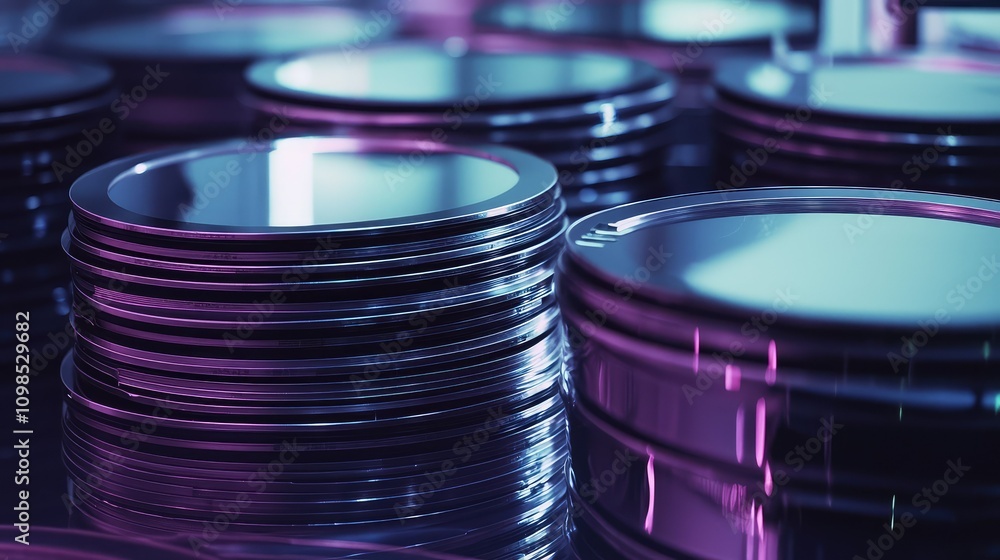 Poster a set of silicon wafers stacked neatly for microchip manufacturing in a futuristic environment with 