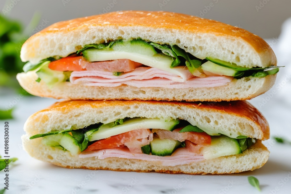 Canvas Prints Delicious sandwich stacked with ham, cheese, and fresh vegetables on poppy seed bagel