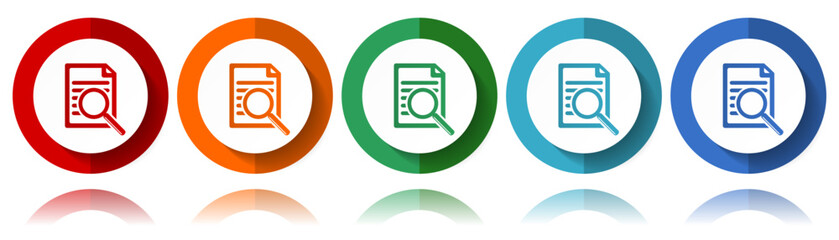 Search document vector icons, flat icon set for logo design, webdesign and mobile applications, colorful web button collection in eps 10
