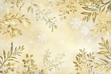 Fototapeta premium Golden leaves and snowflakes on glittery winter background.