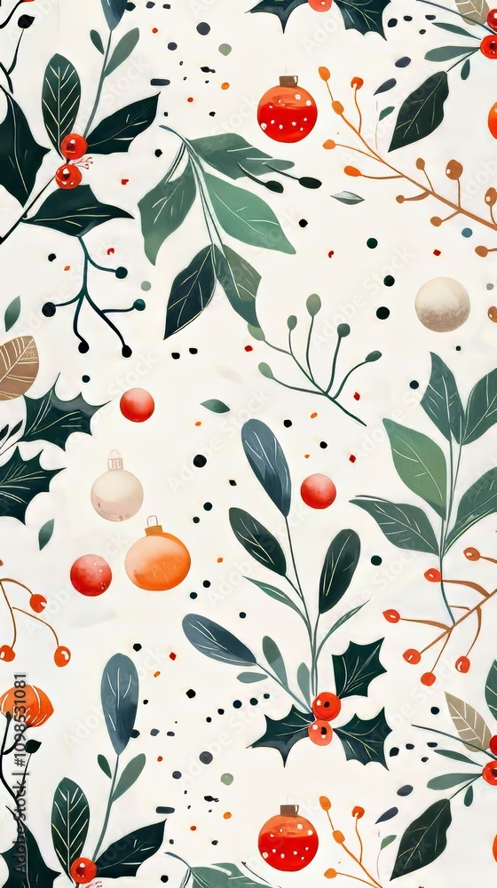 Poster a white background with a green and red flower pattern. there are red and white balls in the middle 