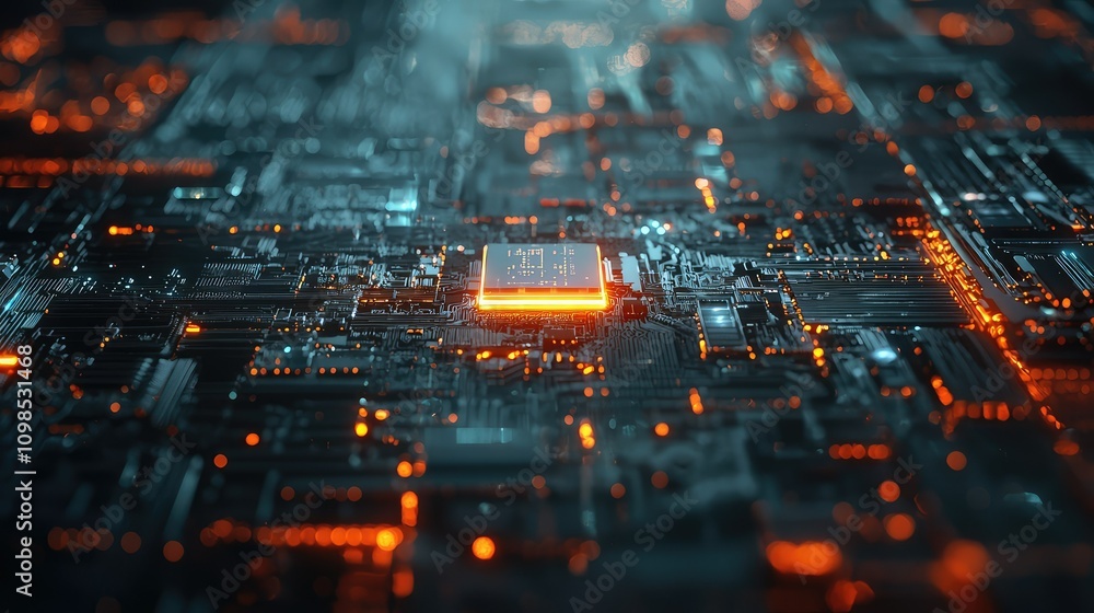 Poster futuristic glow of a tiny microchip surrounded by holographic circuits and neon lights in an ai-powe