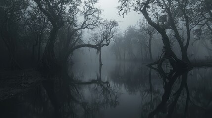 Obraz premium Enigmatic Swamp Scene: Twisted Trees Shrouded in Thick Fog Reflecting in Dark Water, Creating an Atmosphere of Mystery and Intrigue