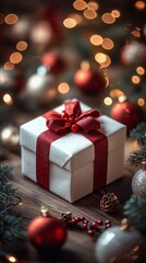 Creative holiday gift arrangement with red ribbon and festive decorations