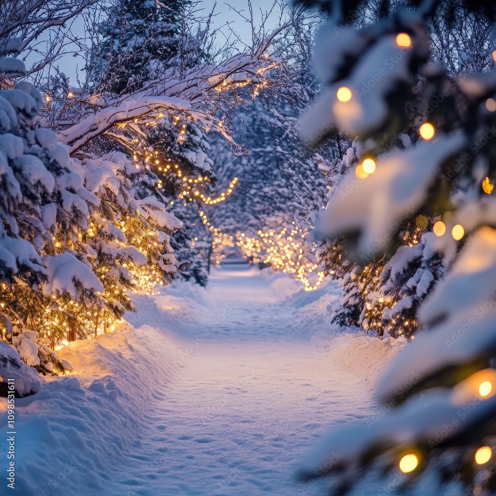 Poster a magical winter scene with a snow-covered path lined with trees adorned with glowing lights, creati