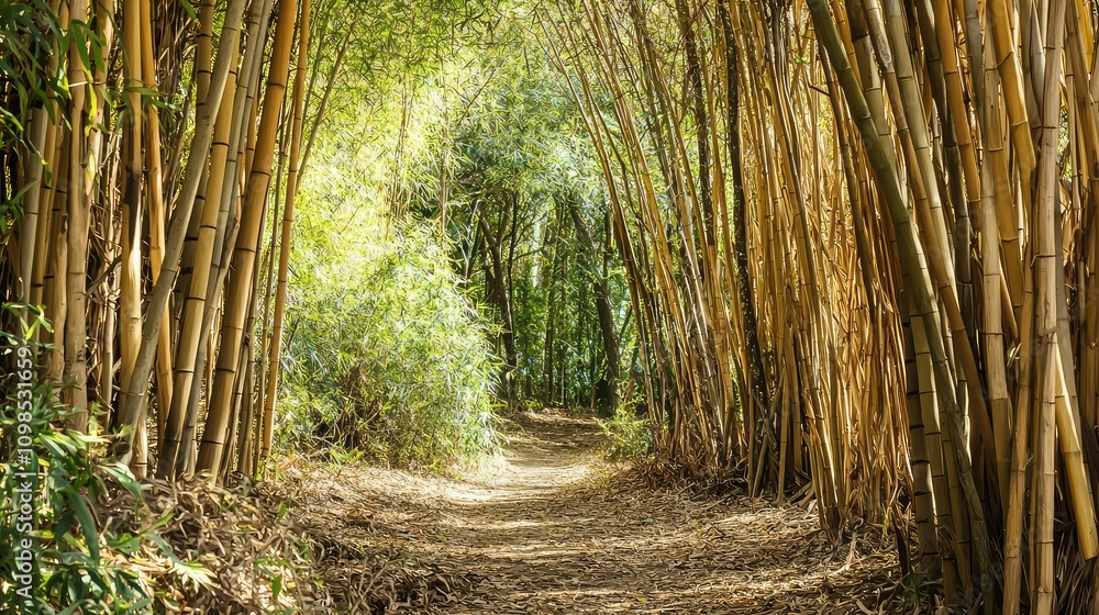 Poster lush tranquil bamboo forest with tall stalks swaying gently in the wind, creating a serene pathway t