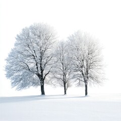 Fototapeta premium Three snow-laden trees stand majestically in a tranquil winter landscape, creating a serene and peaceful scene.