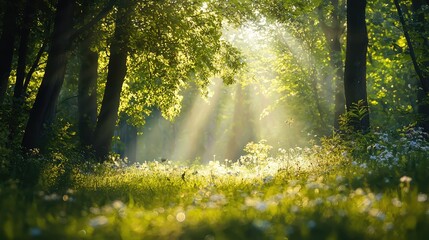 Fototapeta premium Serene Forest Clearing Bathed in Sunlight with Lush Greenery and Soft Mist Highlighting the Tranquil Natural Beauty of a Peaceful Woodland Retreat