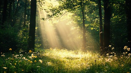 Obraz premium Serene Forest Clearing with Sunlight Streaming Through Trees, Creating a Tranquil Atmosphere Ideal for Relaxation and Nature Photography