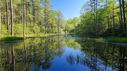 Serene Reflections in a Tranquil Forest Pond Surrounded by Lush Greenery Under Clear Blue Skies Capturing Nature's Beauty and Stillness