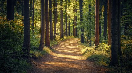 Fototapeta premium Peaceful Trail Through a Lush Forest Surrounded by Towering Trees Capturing the Essence of Tranquility and Natural Beauty in Autumn Light