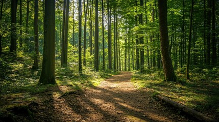 Obraz premium Serene Forest Trail Trip in Maka with Towering Trees and Lush Foliage, Inviting Nature Lovers to Explore the Tranquil Beauty of the Woodland Surroundings