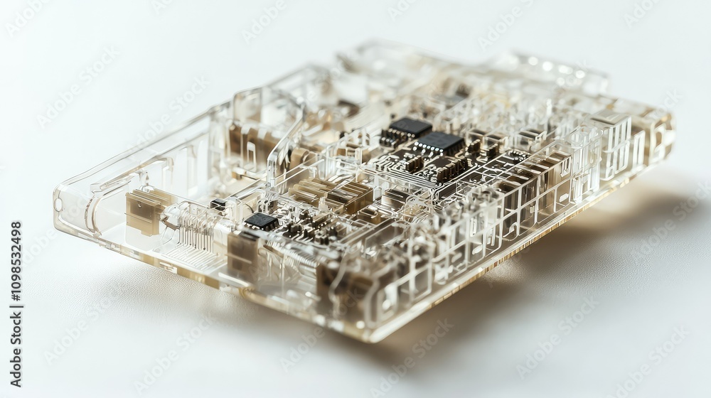 Poster transparent computer chip displaying internal components with gigapixel clarity and standard scale f