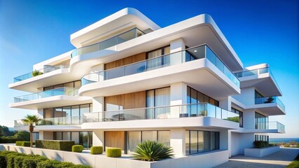 Fototapeta premium Minimalist white modern architecture with sweeping balconies and clean lines against a clear sky 