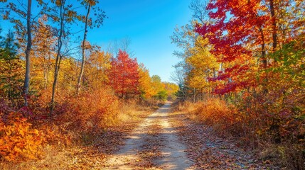 Obraz premium A Scenic Autumn Trail Surrounded by Vibrant Colors and Clear Blue Skies with Golden and Reddish Leaves Blanketing the Earth Beneath