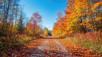 Fototapeta premium Vibrant Autumn Trail with Colorful Leaves Under a Clear Blue Sky Inviting Nature Enthusiasts to Explore Scenic Paths in a Picturesque Landscape