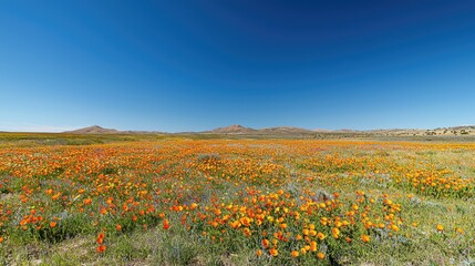 Expansive Wildflower Field with Vibrant Orange Blooms Under Clear Blue Sky, Stretching Across Scenic Landscape of Maka