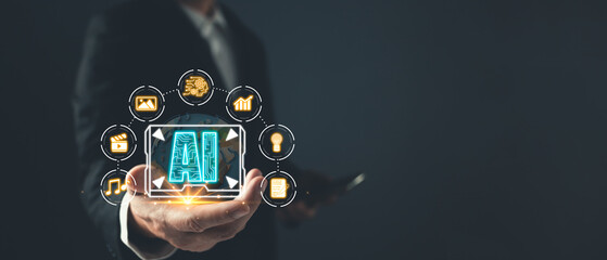 A man holds an AI icon, while marketers study, research, and analyze strategies such as media,...