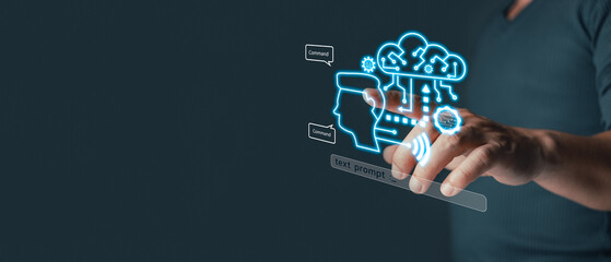 A hand hovers over a glowing cloud icon, interacting with a network of connections and a human...