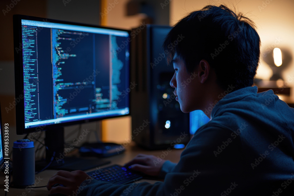 Poster a young man is sitting in front of a computer monitor, typing on a keyboard