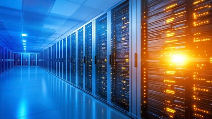 Industrial Server Room with Glowing GPU Lights