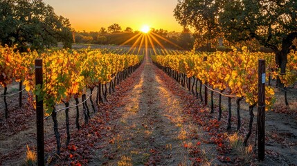 Fototapeta premium Captivating Vineyard at Golden Hour with Sunlight Filtering Through Leaves, Showcasing Nature's Beauty in a Serene Landscape