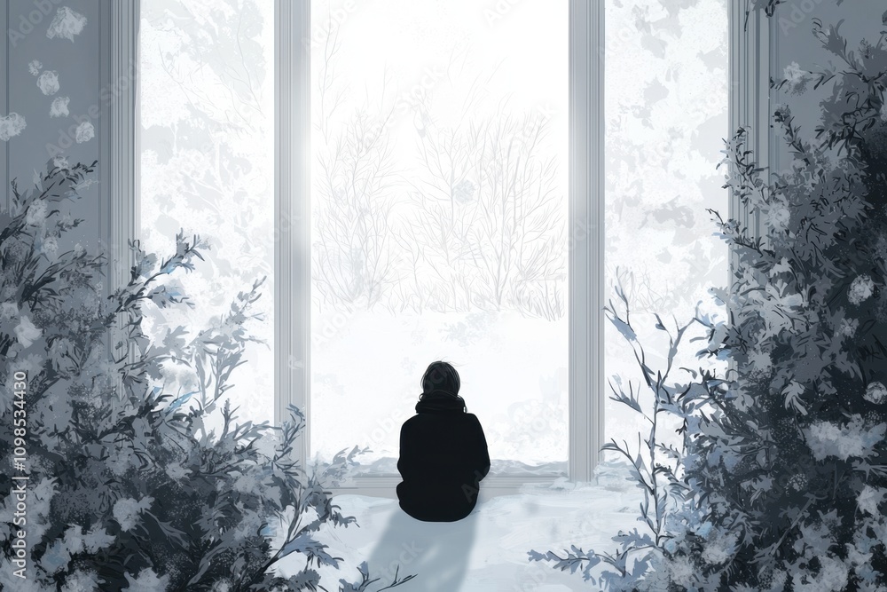 Aufkleber a person sits in front of a window with trees outside