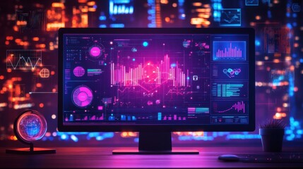 Obraz premium Futuristic computer screen displaying data analytics and graphs.