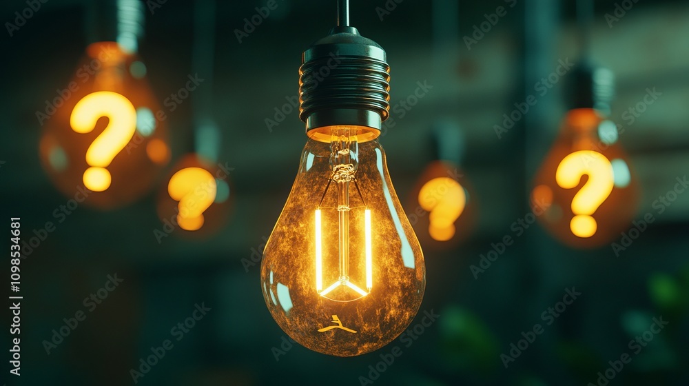 Poster a close-up of a glowing light bulb surrounded by question mark-lit bulbs, creating an intriguing and