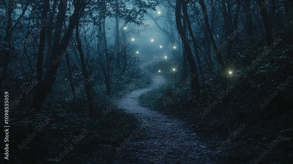 Poster a winding path through a dark forest with faint glowing lights creating a mysterious atmosphere and 