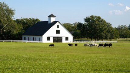 Obraz premium Scenic View of a White Barn with Black Trim Surrounded by Lush Green Pasture and Herds of Cattle under a Clear Blue Sky