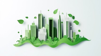 Fototapeta premium A futuristic scene of a green city skyline with integrated algae bioreactors on building facades, symbolizing biotechnology and urban sustainability, minimalist style