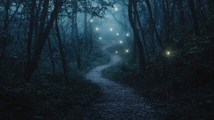 Obraz premium A Winding Path Through a Dark Forest with Faint Glowing Lights Creating a Mysterious Atmosphere and Enigmatic Charm in Nature's Depths