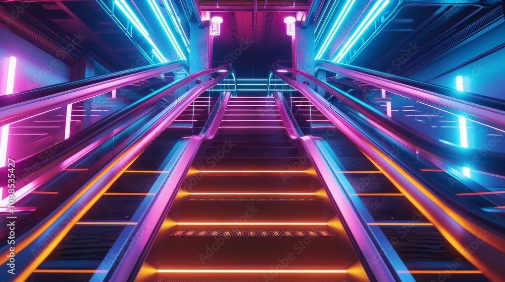 Poster abstract image of a staircase illuminated by neon lights, creating a futuristic vibe