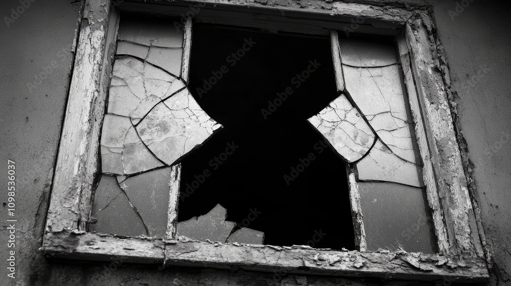 Poster a window with a large crack in it. the window is broken and the glass is shattered. the window is in