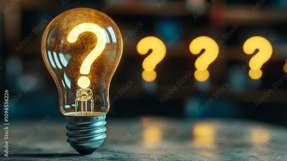 Poster close-up of a glowing light bulb shaped like a question mark, symbolizing ideas and curiosity. soft 