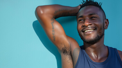 Happy African American man with arm raised, smiling outdoors.