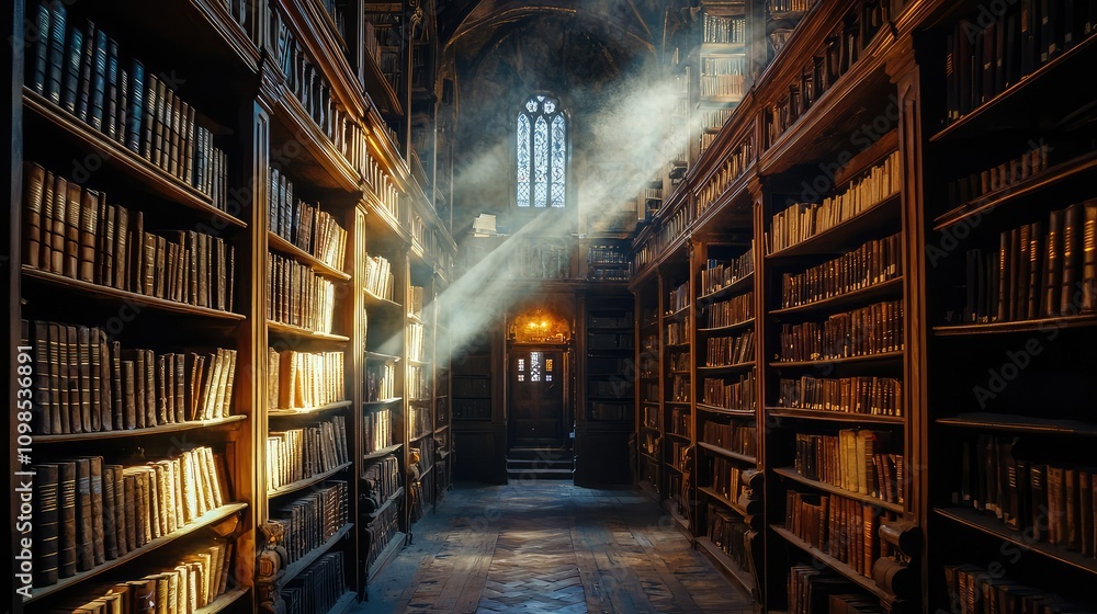 Poster mysterious ancient library with dusty bookshelves and light shafts illuminating rows of time-worn bo