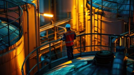 Worker with process machinery in oil blending factory Worker on top of storage tanks in oil blending factory