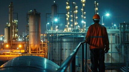 Worker with process machinery in oil blending factory Worker on top of storage tanks in oil blending factory