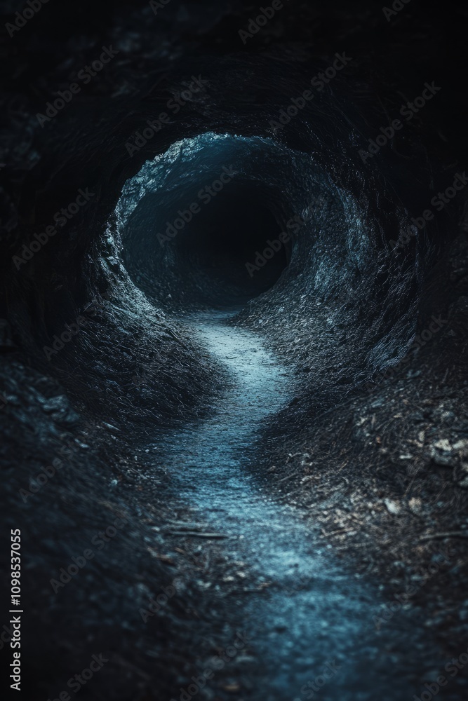 Poster a dark tunnel with a small opening in the middle. the tunnel is narrow and the light is barely visib