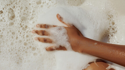 Fototapeta premium Woman hand touching white sea foam on sandy beach