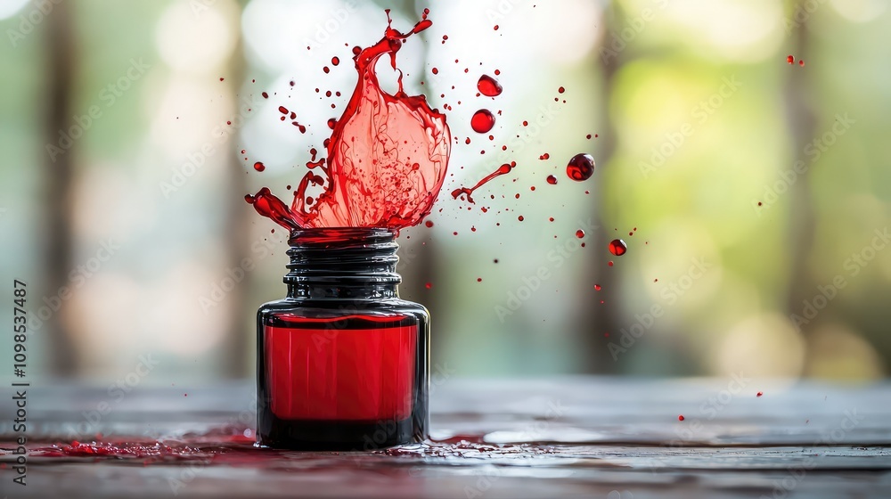 Poster captivating splash of red ink from a glass bottle creating an artistic scene with dynamic movement a