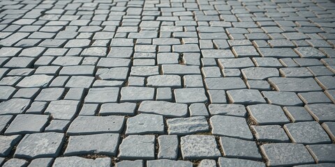 Fototapeta premium A close-up view of a cobblestone path, with the stones laid in a pattern that creates a sense of depth and texture.