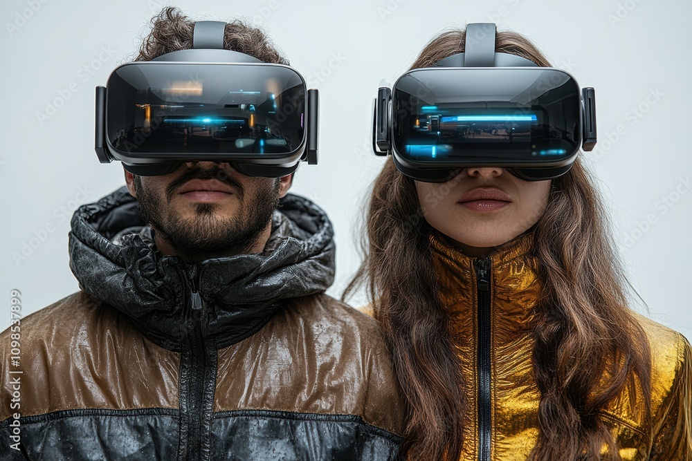 Poster people using virtual technology for immersive experiences, futuristic and clean design