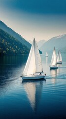 Fototapeta premium Sailing on calm waters with multiple sailboats under a clear blue sky